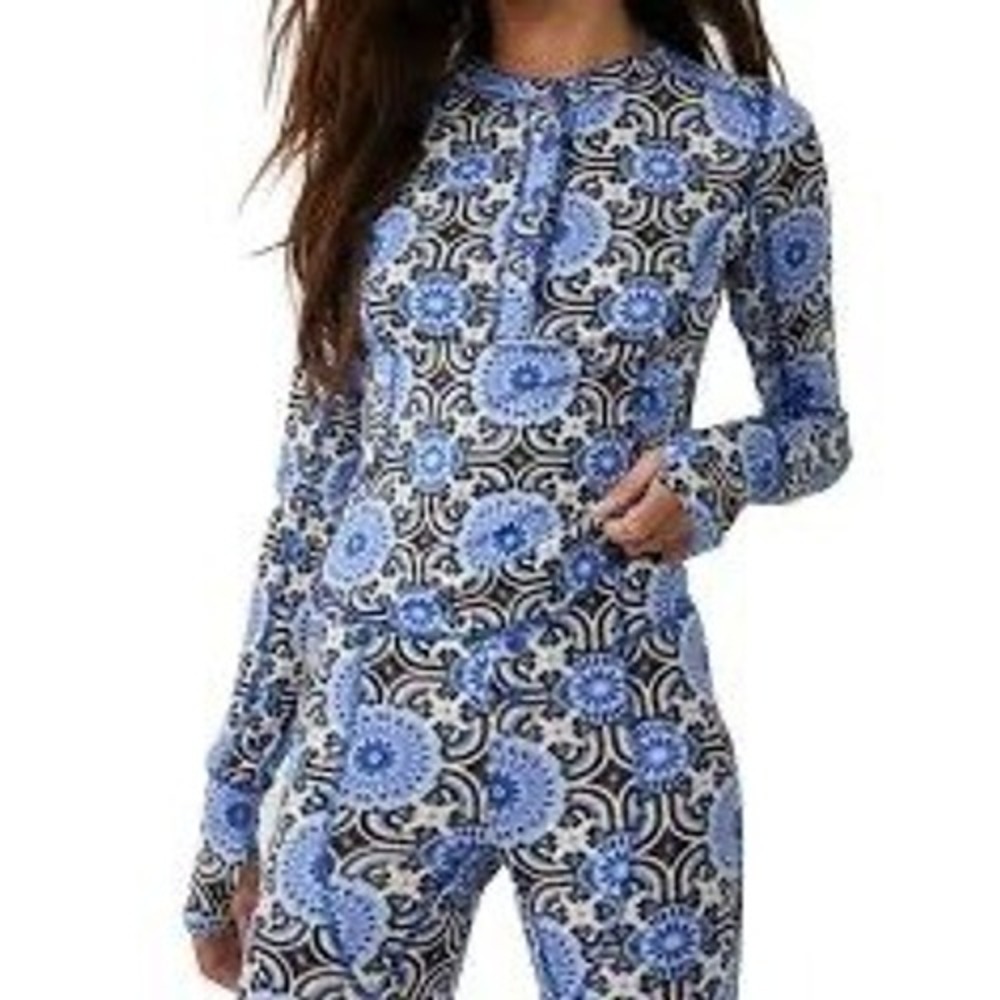 Free‎ People FP Movement Fireside Top XS Blue Geometric Henley Maximalist